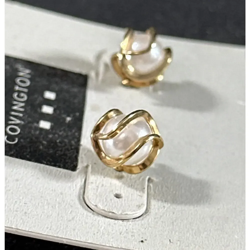 Vintage Covington Faux Pearl Stud Earrings with Gold-Tone Swirl Setting – NWT - Picture 5 of 6